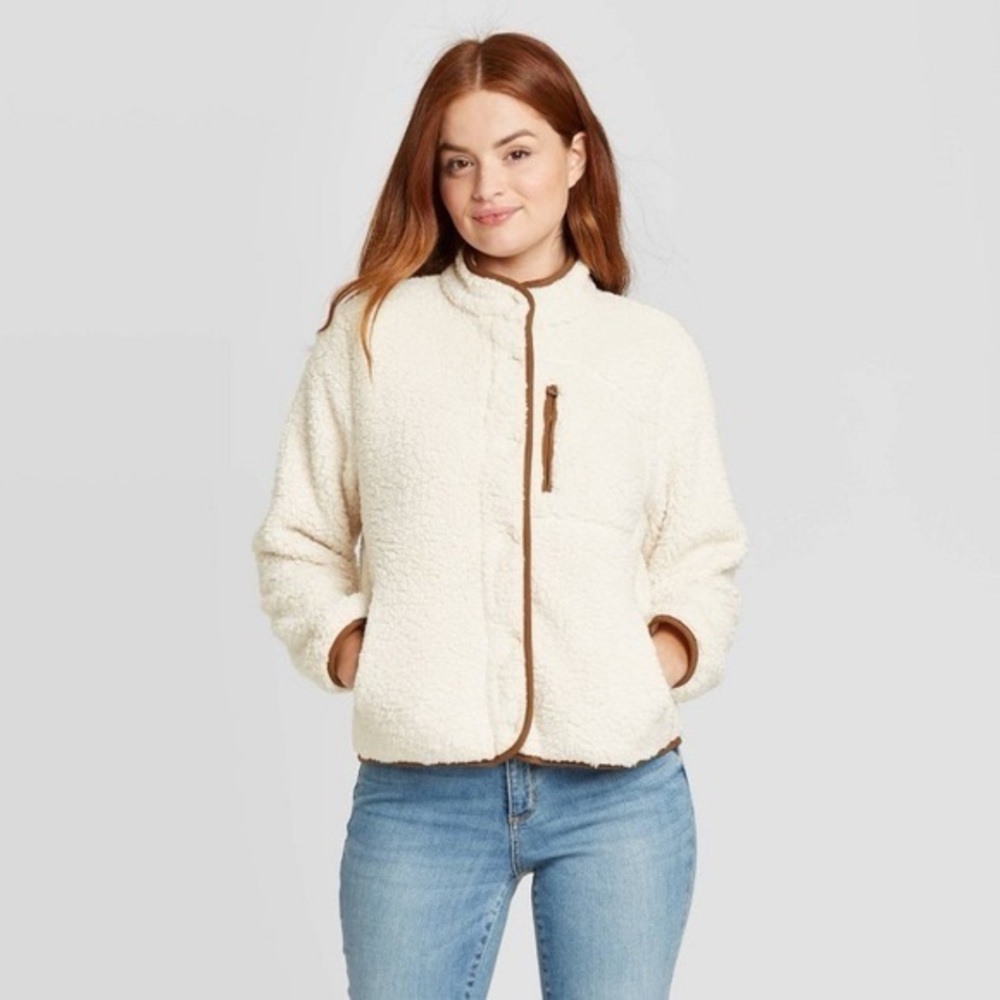 Ava Viv Sherpa Beige Jacket Waist Length Snap Close Mock Neck Womens Plus 1X